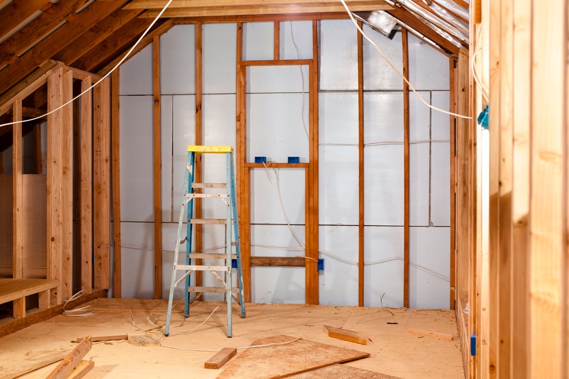 Remodel job room addition in attic. Home improvement, construction.